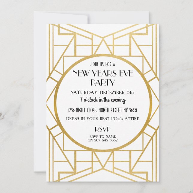 1920's Art Deco Gatsby New Years Eve Party invite (Front)