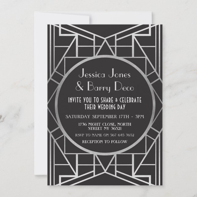 1920's Art Deco Gatsby Silver 20s Wedding Invite (Front)