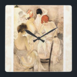1920s Art Deco ~ Girls in the Dressing Room Square Wall Clock<br><div class="desc">Artist,  Jeanne Mammen c.1928 for Jugend Magazine,  shows four "Girls in the Dressing Room",  an illustration reproduced on a pink lace background.  Redhead,  brunette,  and raven haired beauties putting on their makeup for the next big performance.  Perfect gift and memorabilia for the lover of vintage art deco!</div>