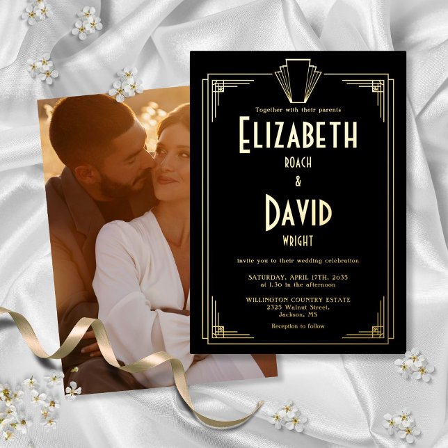 1920s Art Deco Photo Wedding Black And White (1920s Art Deco Photo Wedding Black And White Foil Invitation)