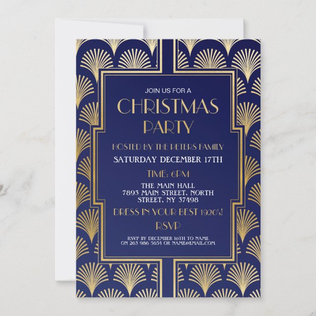 1920's Christmas Art Deco Gatsby Party Gold Fan Invitation (Front)