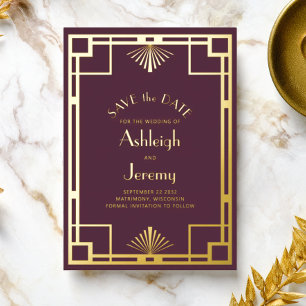 1920s Deco Burgundy Gold Wedding Save the Date