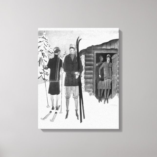 1920s Fashionable Women on Ski Trip BW Canvas Print (Front)