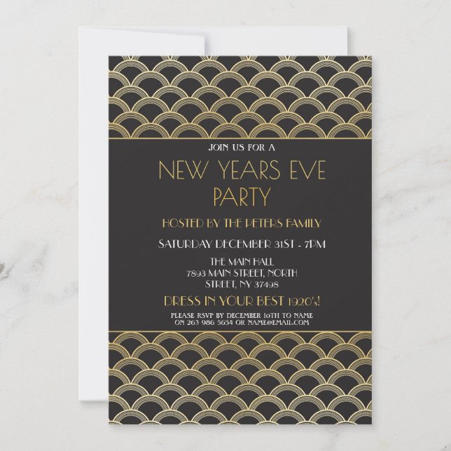 1920's Gatsby New Years Eve Invite Party Gold (Front)