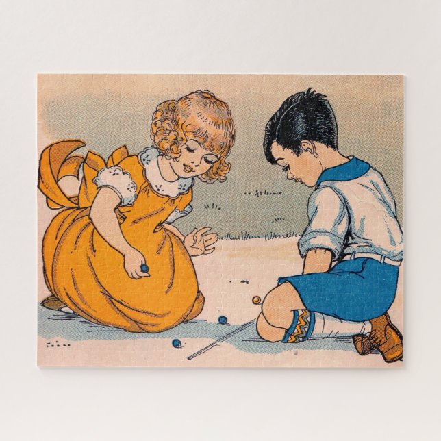 1920s girl and boy playing marbles jigsaw puzzle (Horizontal)