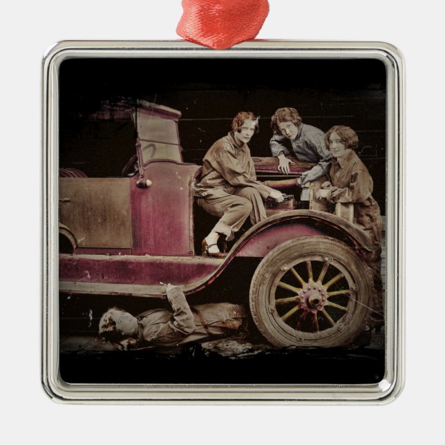 1920's Girl Auto Mechanics Metal Tree Decoration (Front)