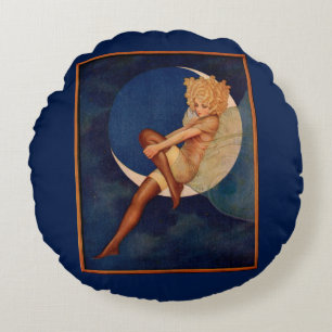 1920s hosiery ad beautiful woman on the moon round cushion