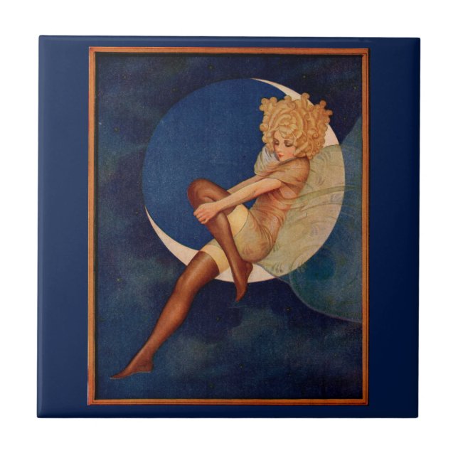 1920s hosiery ad beautiful woman on the moon tile (Front)