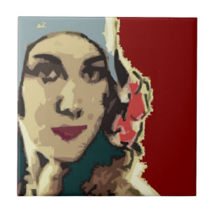 1920s Lady in a Blue Hat Burgundy Tile