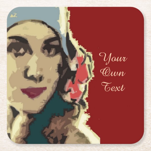 1920s Lady in a Blue Hat Pop Art Custom Text Square Paper Coaster (Front)