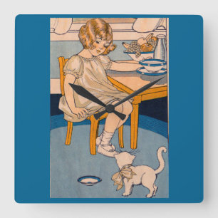 1920s little girl and her little white cat square wall clock