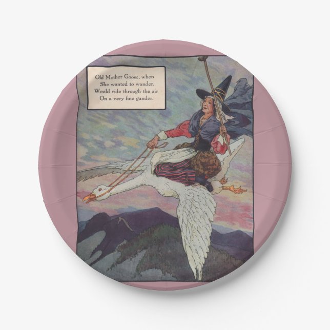 1920s Mother Goose riding her giant goose Paper Plate (Front)