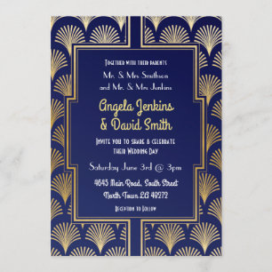 1920's Navy & Gold Art Deco Fan Gatsby Wedding Invitation
