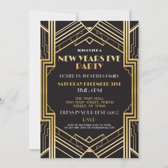 1920's New Years Eve Invite Gatsby Party Gold (Front)