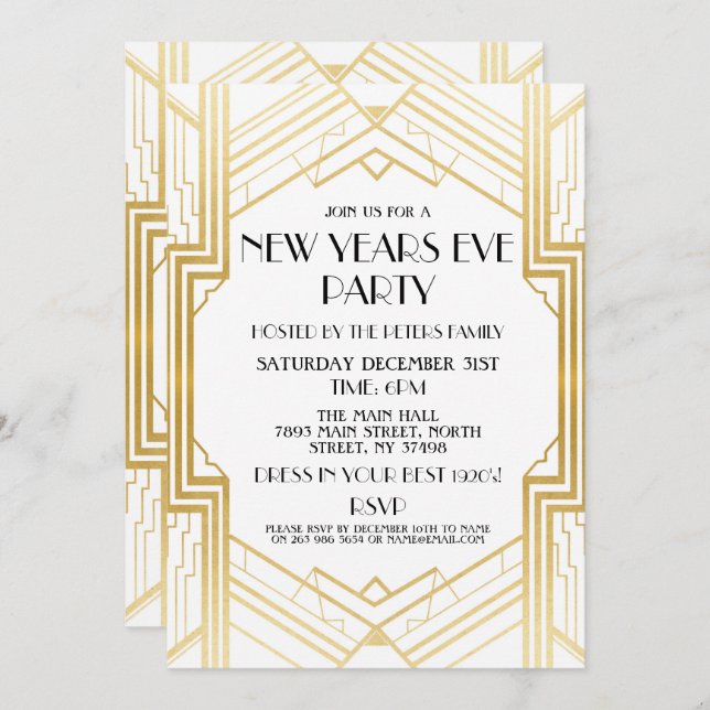 1920's New Years Eve Invite Gatsby Party Gold (Front/Back)