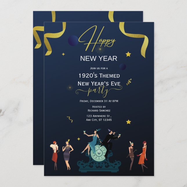 1920's New Years Eve Party Navy Gold Invitation (Front/Back)