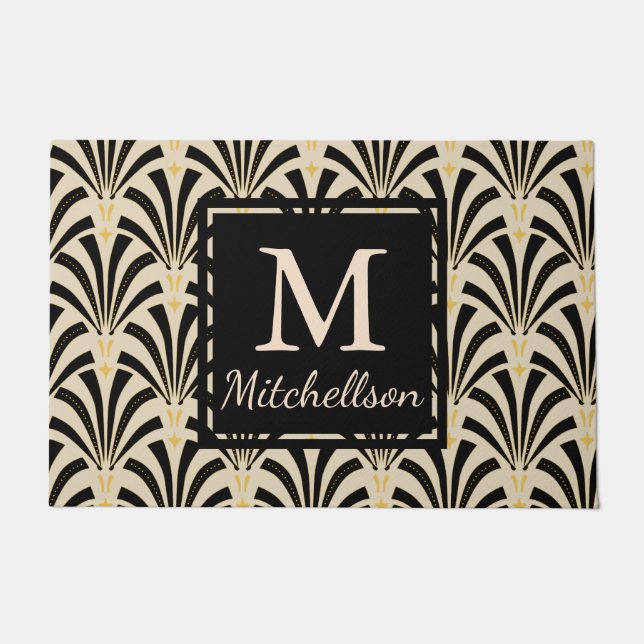 1920s Sophisticated Black Fan Taupe - Family Name Doormat (Front)