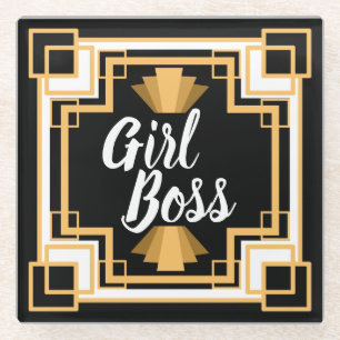 1920s Vintage   Art Deco Black & Gold Girl Boss Glass Coaster