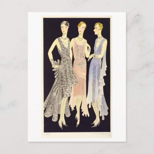 1920s Vintage Fashion Sketch of Evening Gowns Postcard (Front)