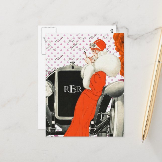 1920's Vintage Parisian Model and Car Image Postcard (Front/Back In Situ)