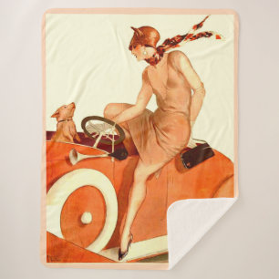 1920s woman, car and dog sherpa blanket