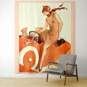 1920s woman, car and dog tapestry