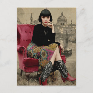 1920s Woman in Colourful Skirt and Boots Postcard