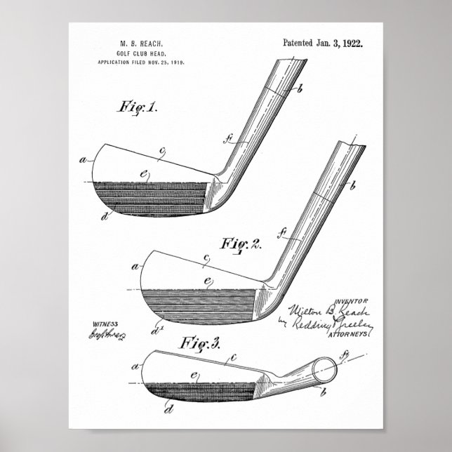 1922 Golf Club Head Design Patent Art Print (Front)