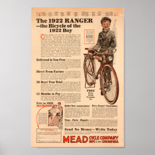 1922 Vintage Boys Ranger Bicycle Ad Art Poster