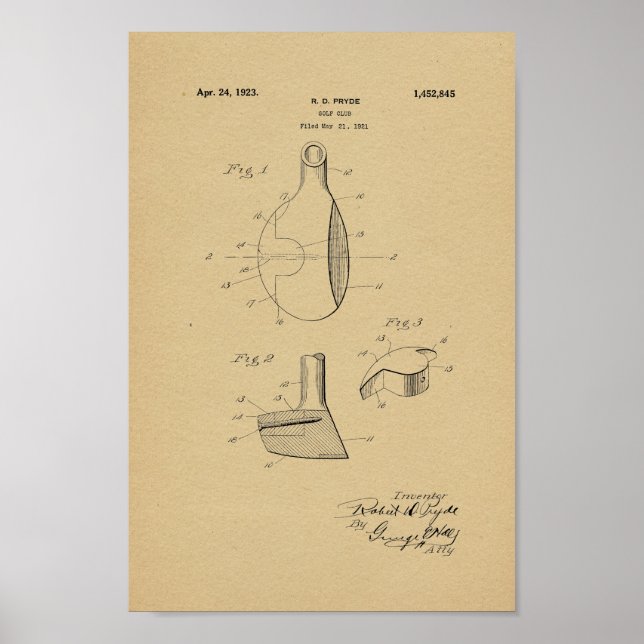 1923 Vintage Golf Club Patent Art Print (Front)