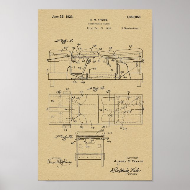 1923 Vintage Osteopathic Table Patent Art Print (Front)