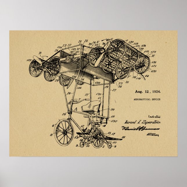 1924 Flying Bicycle Aeroplane Patent Drawing Print (Front)