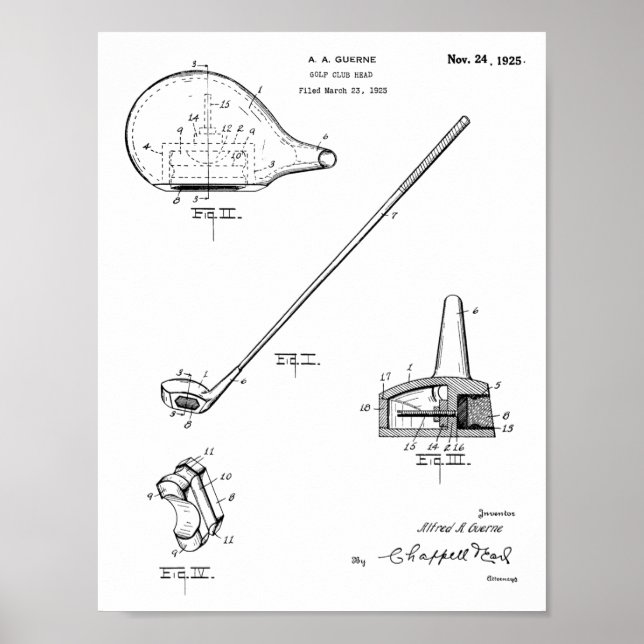 1925 Golf Club Patent Art Drawing Print (Front)