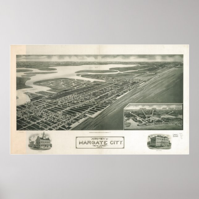 1925 Margate City, NJ Birds Eye View Panoramic Map Poster (Front)