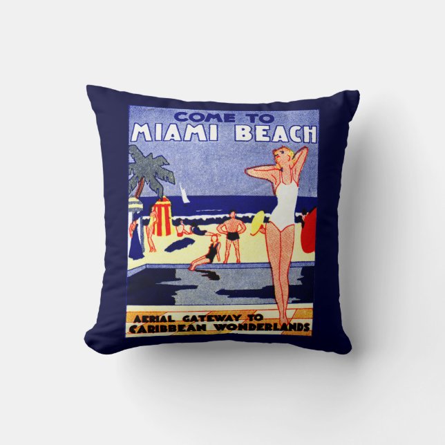 1925 Miami Beach Travel Poster Cushion (Front)