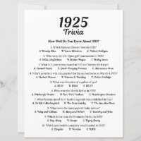 1925 Trivia Game | 100th Birthday Party Game
