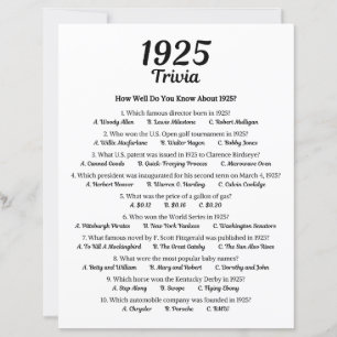1925 Trivia Game 100th Birthday Party Game