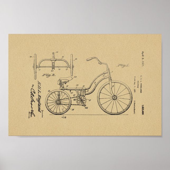 1925 Vintage Tricycle Patent Art Print (Front)