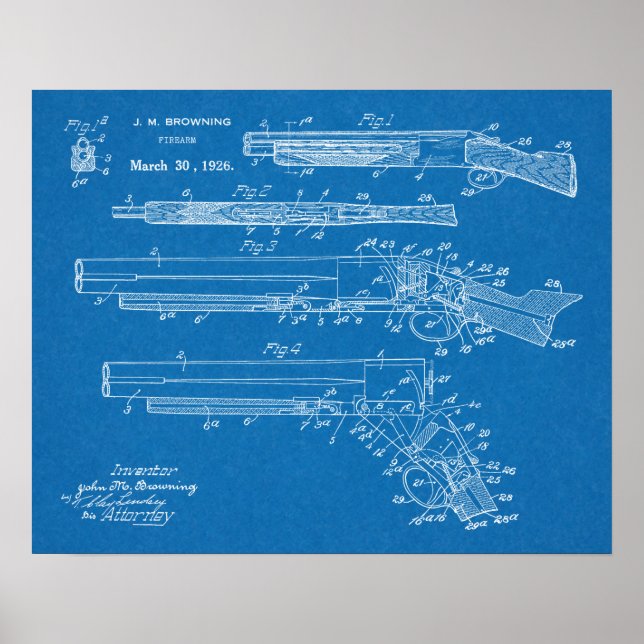 1926 Browning Shotgun Patent Art Drawing Print (Front)