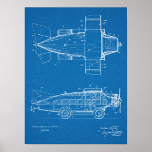 1930 Flying Car Aeroplane Patent Art Drawing Print