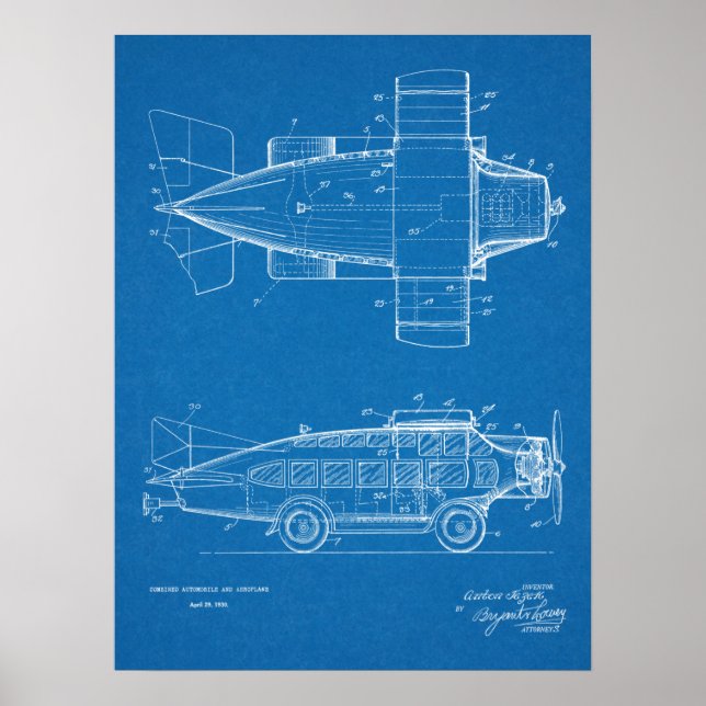 1930 Flying Car Aeroplane Patent Art Drawing Print (Front)