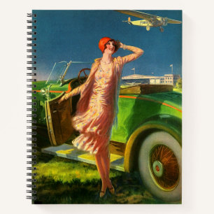 1930 woman car and aeroplane print notebook