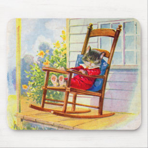 1930s adorable kitten napping on porch rocker mouse pad
