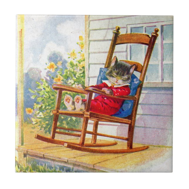 1930s adorable kitten napping on porch rocker tile (Front)