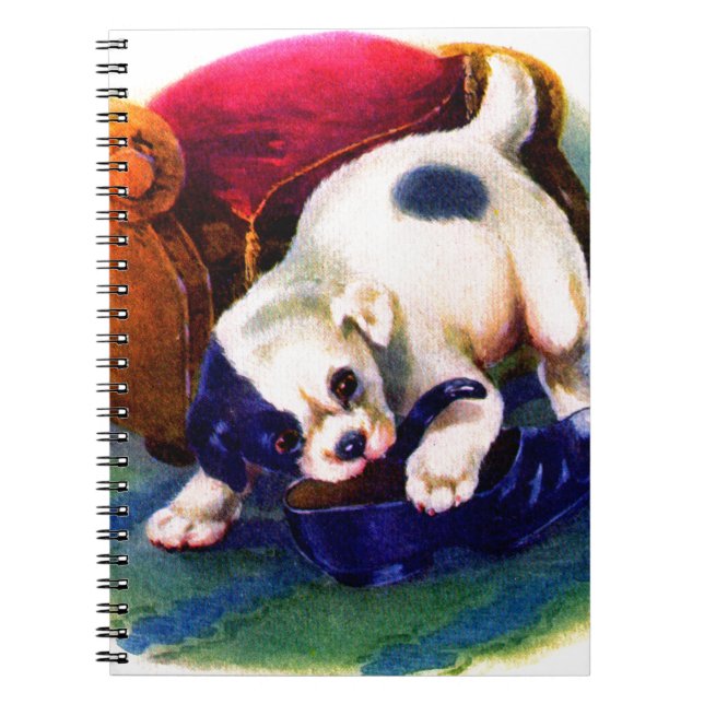 1930s adorable puppy no. 3 chewing on a shoe spiral notebook (Front)