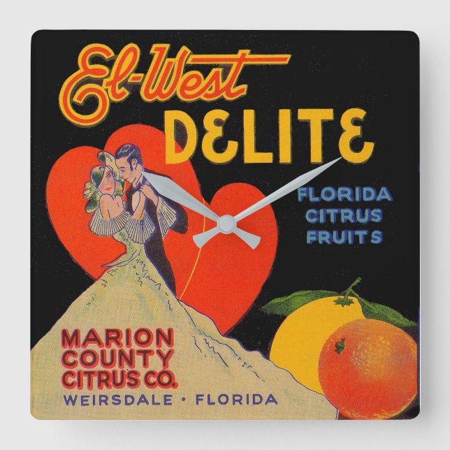 1930s art deco El-West Delite Florida Citrus Fruit Square Wall Clock (Front)