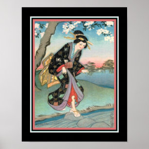1930s Art Deco "Geisha Crossing a Stream" Poster