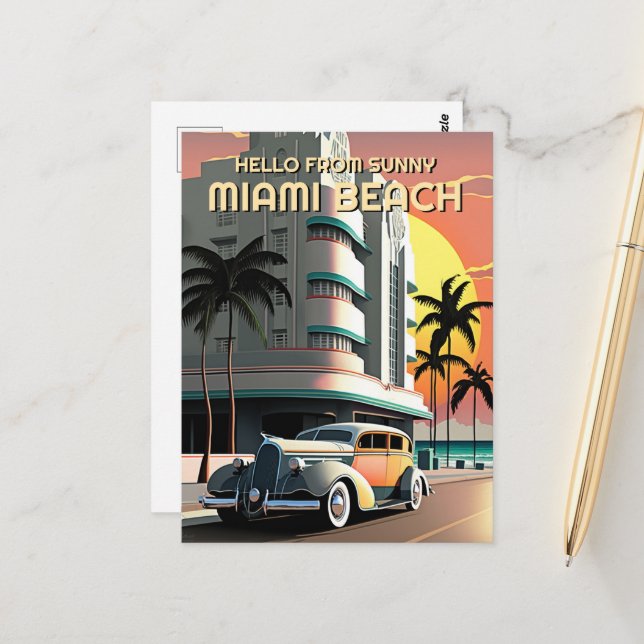 1930s Art Deco Miami Beach Ocean Drive Sunset Postcard (Front/Back In Situ)