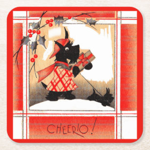 1930s Christmas Scottie dog says ‘Cheerio’ Square Paper Coaster