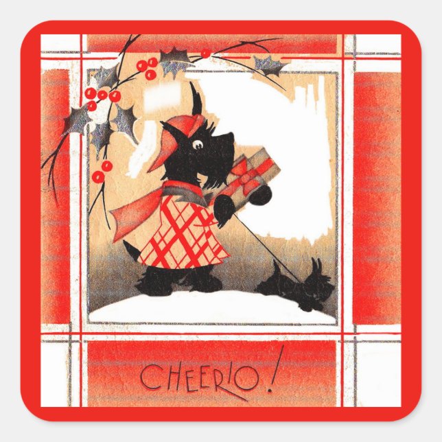 1930s Christmas Scottie dog says ‘Cheerio’ Square Sticker (Front)